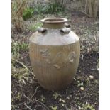 A pair of modern glazed pottery garden urns in the antique manner,