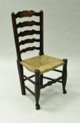 A composite set of four 19th Century ash ladder back rush seat dining chairs on turned legs to pad