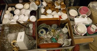 Five boxes of assorted sundry household china and glass to include jardiniers,