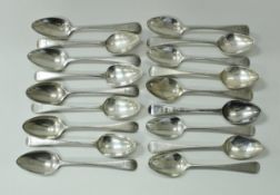 A set of five George III silver feather edged dessert spoons (by Thomas Wallace II and Jonathon