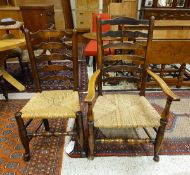 A composite set of four 19th Century ash ladder back rush seat dining chairs on turned legs to pad