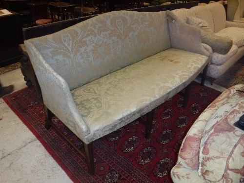 A late George III upholstered camelback sofa on mahogany square moulded supports united to the rear - Image 13 of 35