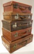 Five various vintage leather suitcases, vintage leather rugby ball, Jaques Royal Garden Quoits game,