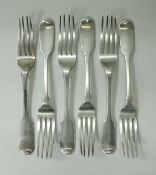 A matched set of 5 + 1 silver fiddle pattern forks (by Elizabeth Eaton, 1854 and 1856) approx 14.