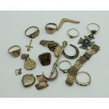 A collection of various 9 carat gold jewellery and parts to include cut rings, chains,