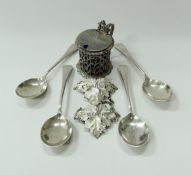 An Edwardian silver lidded mustard with pierced floral decoration and blue glass liner (by