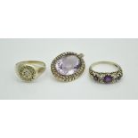 A 9 carat gold amethyst and seed pearl set ring in the Victorian manner, ring size S,