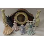 Five Coalport English Rose Collection figurines, three various cat figures, three vases,