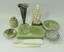 A collection of sundry items to include four pieces of green onyx comprising two table lighters,