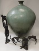 Two modern bronze figures of dogs, a bronze plaster figures of a mother holding aloft a child,