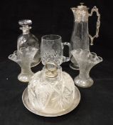 A collection of glassware to include cut glass claret jug decorated with a heron with gothic