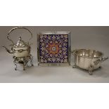 A pair of plated entrée dishes, together with a chafing dish, spirit kettle,