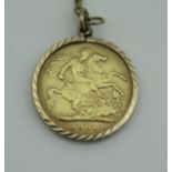 A Victorian half sovereign, dated 1901, in 9 carat gold mount and on chain, total weight approx 7.