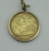 A Victorian half sovereign, dated 1901, in 9 carat gold mount and on chain, total weight approx 7.