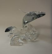 A Swarovski Crystal Society figure of "Paikea" humpback whale breaching with calf and plaque