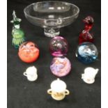 A collection of various glassware to include Mdina figural paperweight,