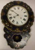 A Victorian papier mache black lacquered painted and mother of pearl inlaid cased drop dial wall
