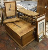 A pine coffee table trunk, pine dressing mirror, oak framed string seat stool,
