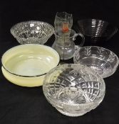 A collection of various glassware to include vaseline glass fruit bowl, amethyst glass fruit bowl,