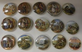 A collection of Prattware and Prattware type pot lids including "War" "Peace" "No: By heaven I