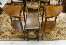 A pair of burr walnut two-tier corner tables and a joined oak stool