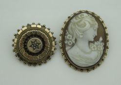A 9 carat gold mounted cameo brooch depicting young woman with flowers and a Victorian yellow metal