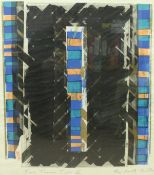 MICHAEL NEWTH "Two times two II" screen print of two black pillars with three striped pillars to