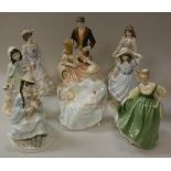 A collection of eight porcelain figurines including Royal Worcester Gift of Love Age of Romance