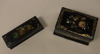 A Victorian black lacquered and mother of pearl inlaid papier-mache two section tea caddy,