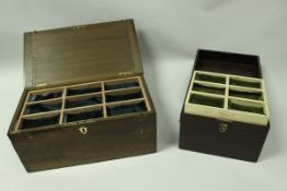 A Victorian mahogany specimen box with Gothic style brass handle opening to reveal a fitted
