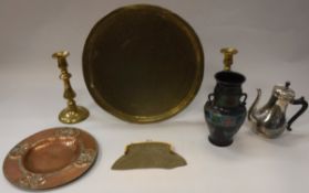 A collection metal wares, comprising a copper dish in the Arts and Crafts manner,