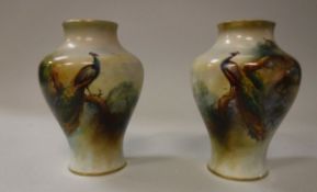 A pair of Royal Worcester baluster shaped vases hand painted with scenes of peacock in tree signed