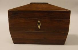 A 19th Century rosewood and satinwood strung tea caddy of sarcophagus form and a 19th Century