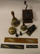 A collection of various items to include handbell inscribed "Fiddian", a smaller handbell,