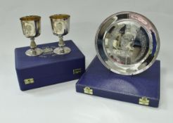 A late 20th Century cased set of two silver goblets commemorating The Silver Jubilee of Queen