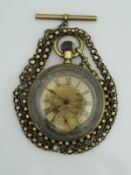 An 18 carat gold cased Swiss pocket watch with relief work decorated dial with Roman numerals and