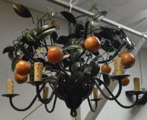 A modern painted metal six branch electrolier decorated with oranges and orange blossom