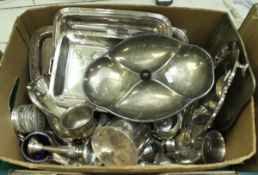 Two boxes of assorted plated wares to include tureens, vase, trays,