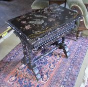 A circa 1900 black lacquered mother of pearl inlaid sewing table in the Chinoserie taste the top