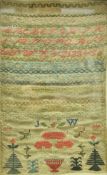 An early 19th Century needlework sampler with simple letters and numbers,