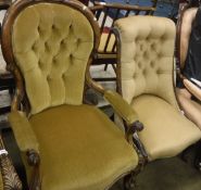 A Victorian walnut button back salon arm chair and a button back nursing chair