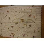 A pair of cotton cream ground crewel work insect and flower decorated curtains, lined,