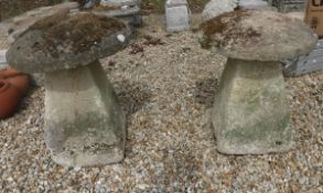 Two stone staddle stones with tops