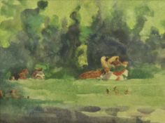 FRED STRATTON (1870-1960) "Cows at Rest", watercolour, framed and glazed, unsigned,