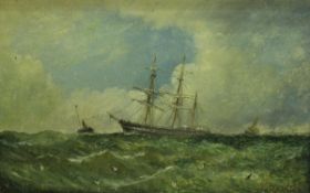 ADOLPHUS KNELL (1860-1890) "Shipping and steamboat in choppy seas", oil, signed lower right,
