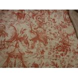 Two pairs of cotton coral and cream chinoiserie style decorated curtains, interlined,