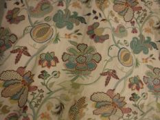 Three pairs of cotton type green ground curtains with multi-coloured floral and fruit decoration,