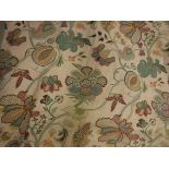 Three pairs of cotton type green ground curtains with multi-coloured floral and fruit decoration,