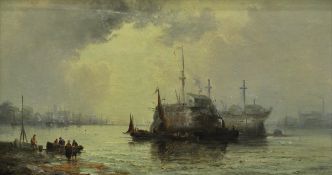 WILLIAM ANSLOW THORNLEY (1857-1898) "Fishing vessels and hulk grounded off coast" oil on canvas