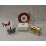A box of sundry china, glass, etc, to include two commemorative goblets, a millefiori paperweight,